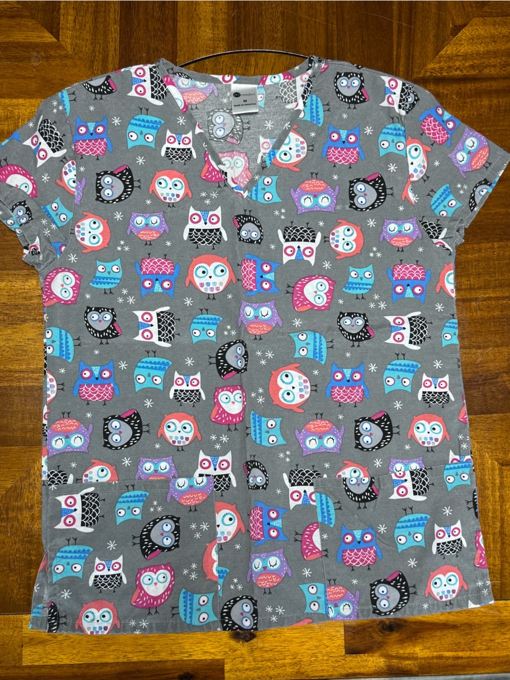 Grey Owl Print scrub Top with Pink, Blue & Purple Accents